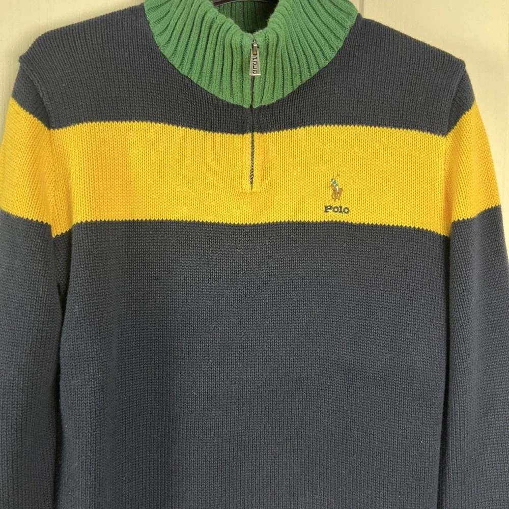 Polo Ralph Lauren Quarter Zip Sweater Boys XL Navy Yellow‎ Green Striped A33